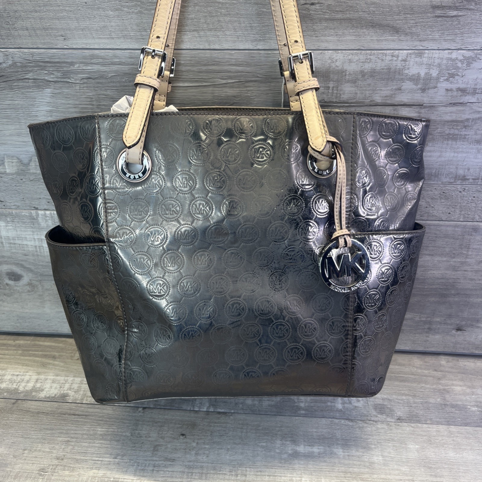 Michael Kors Metallic Pewter Jet Set East West Tote Bag Silver Tan Straps